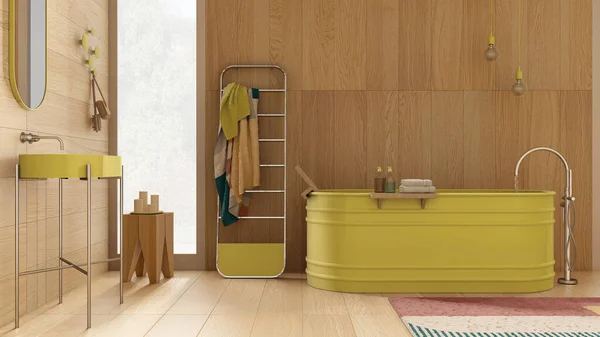 带有黄色色调的木制墙壁和地板的当代浴室 独立浴缸 洗脸盆 毛巾架 地毯和装饰 最小的老式室内设计 — 图库照片