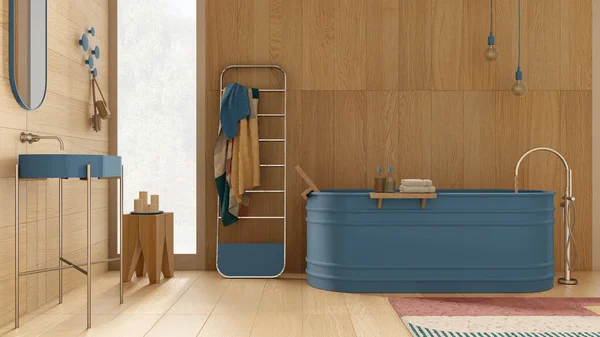 Cuarto Baño Contemporáneo Con Paredes Madera Suelo Tonos Azules Spa — Foto de Stock