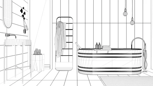 蓝图项目草案 带有木制墙壁和深色地板的当代浴室 洗脸盆 毛巾架 地毯和装饰 最小的老式室内设计理念 — 图库照片