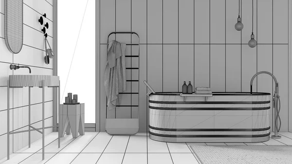 未完成的项目草案 带有木制墙壁和深色地板的当代浴室 洗脸盆 毛巾架 地毯和装饰 简约的老式室内设计理念 — 图库照片