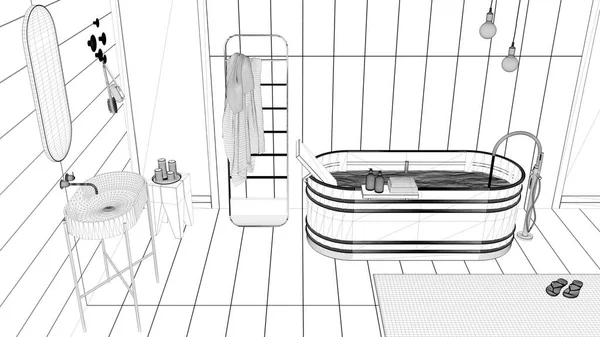 Проект Чертежа Уютная Ванная Комната Деревянными Стенами Полом Спа Стиль — стоковое фото