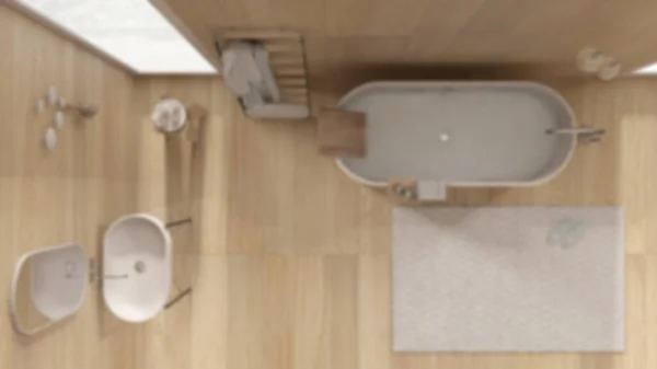 ぼかしの背景 木製の壁や床と居心地の良いバスルーム 自立浴槽 洗面台 タオルラック ランプ カーペット 最小限のヴィンテージインテリアデザインのアイデア トップビュー プラン — ストック写真