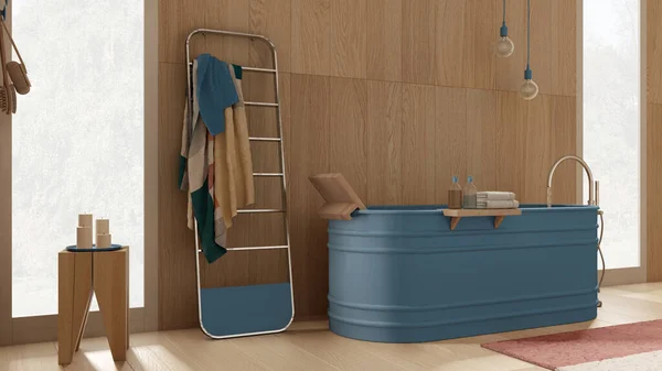 Acogedor Baño Relajante Con Paredes Madera Suelo Tonos Azules Estilo — Foto de Stock