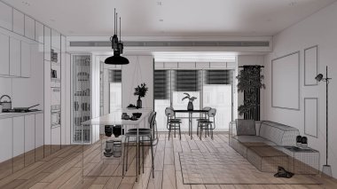Parke zeminli boş beyaz iç döşeme, özel mimari tasarım projesi, siyah mürekkep çizimi, yemek masalı modern oturma odası ve mutfağı gösteren plan, samimi iç tasarım.