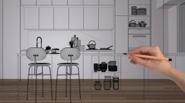 Ahşap parke zemin, beyaz duvarlar, el çizimi, özel mimari tasarım, siyah mürekkep çizimi, modern mutfak tasarımını gösteren plan.