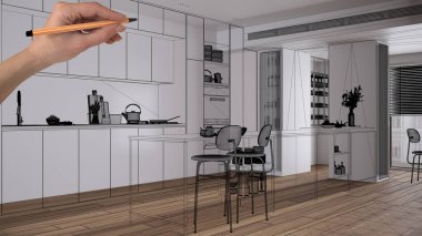 Ahşap parke zemin, beyaz duvarlar, el çizimi, özel mimari tasarım, siyah mürekkep çizimi, modern mutfak tasarımını gösteren plan.