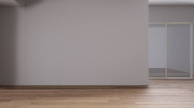 Boş oda iç tasarımı, beyaz duvarlı açık alan ve parke ahşap zemin, modern modern modern mimari, sabah ışığı, kopyalama alanı ile maketleme