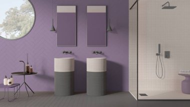 Çağdaş banyo mor pastel tonlarda, modern seramik fayansları, çift lavabo, aynalar, mozaik ve camla duş, yuvarlak pencere, minimalist iç tasarım fikri