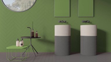Modern banyo yeşil pastel tonlarda, çağdaş seramik fayanslar, musluk ve aynalı çift lavabo, şişe ve dekorlu yan masalar, minimalist iç tasarım konsepti