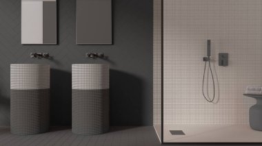 Çağdaş banyo koyu gri tonlarda, modern seramik fayansları aynalı çift lavabo, mozaik ve camla duş, havlularla masa, minimalist iç tasarım konsepti.