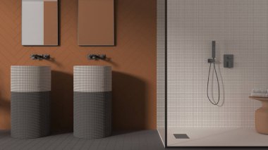 Çağdaş banyo turuncu pastel tonlarında, modern seramik fayansları, çift lavabo, aynalar, mozaik ve camla duş, havlularla dolu masa, minimalist iç tasarım konsepti.