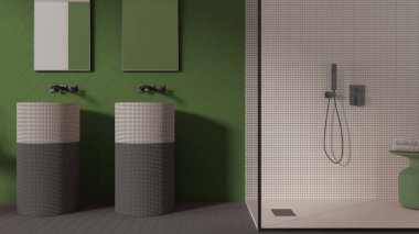 Çağdaş banyo yeşil pastel tonlarda, modern seramik fayansları, çift lavabo, aynalar, mozaik ve camla duş, havlularla dolu masa, minimalist iç tasarım fikri.