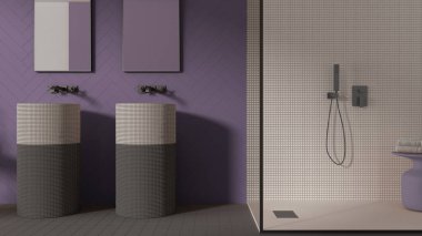 Çağdaş banyo mor pastel tonlarda, modern seramik fayansları, çift lavabo, aynalar, mozaik ve camla duş, havlularla dolu masa, minimalist iç tasarım konsepti