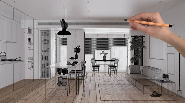 木製の寄木細工の床 白い壁 手描きのカスタム建築デザイン 黒インクのスケッチ モダンなキッチンとリビングルームのデザインを示す青写真と空の白いインテリア — ストック写真