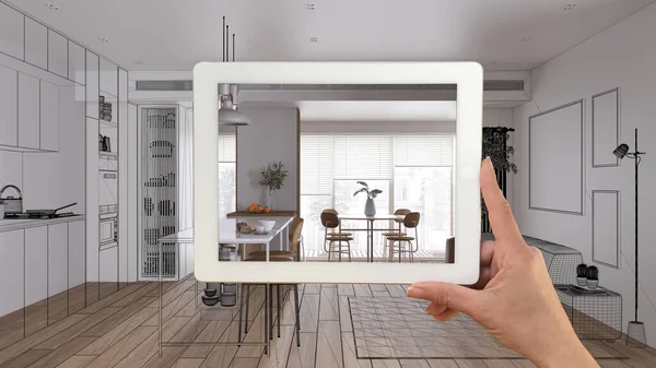 Augmented Reality Concept Hand Holding Tablet Met Toepassing Gebruikt Meubelproducten — Stockfoto