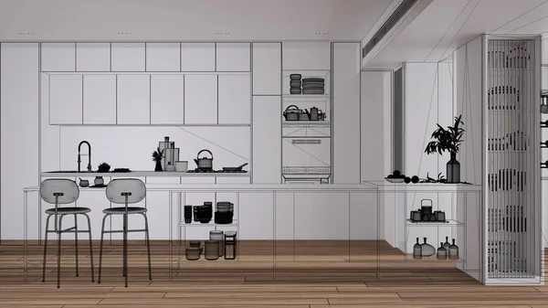 空旷的白色内饰 配餐地板 定制建筑设计项目 黑色墨水草图 展示现代厨房餐桌的蓝图 当代室内设计 — 图库照片