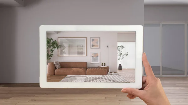 Augmented Reality Concept Hand Holding Tablet Met Toepassing Gebruikt Meubelproducten — Stockfoto