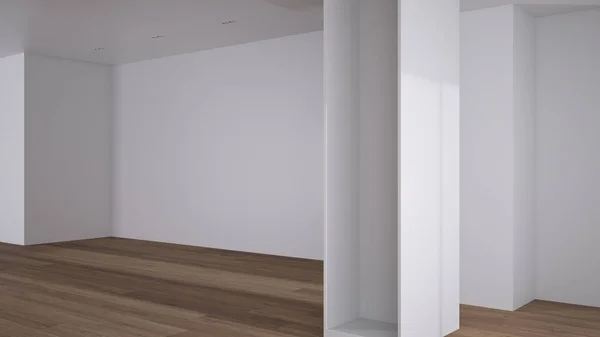 空の部屋のインテリアデザイン 白い壁と寄木細工の床とオープンスペース 現代建築 朝の光 コピースペースとモックアップ — ストック写真