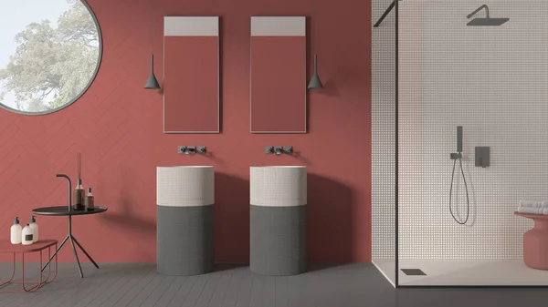 파스텔 화장실 현대식 도자기 세면대 모자이크와 유리로 인테리어 디자인 — 스톡 사진