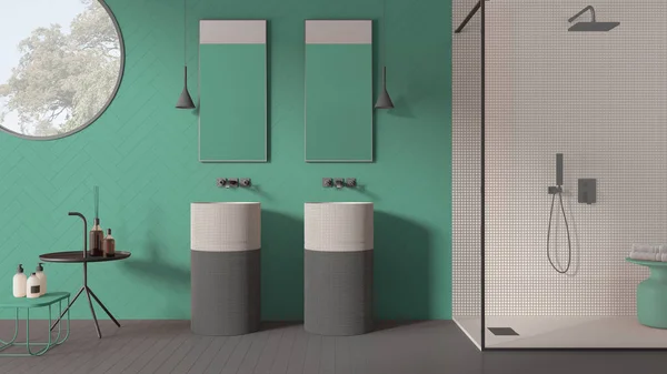 现代蓝绿色的浴室 现代瓷砖 双层洗脸盆 带马赛克和玻璃的淋浴 圆形窗户 简约室内设计理念 — 图库照片