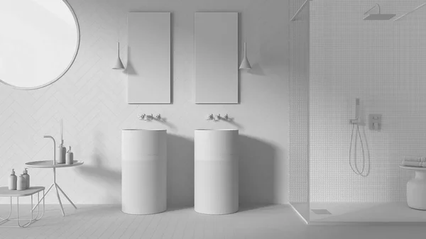 Borrador Proyecto Blanco Total Baño Contemporáneo Azulejos Cerámica Moderna Lavabo —  Fotos de Stock