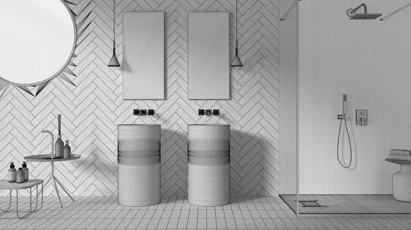 Nedokončený Návrh Projektu Moderní Koupelna Moderní Keramické Dlaždice Dvojité Umyvadlo — Stock fotografie