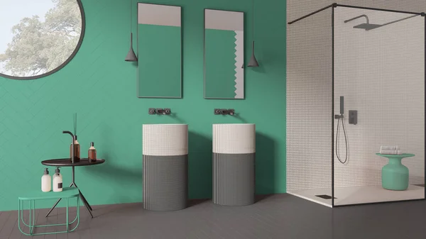 ターコイズパステルトーン 現代的なセラミックタイル ダブル洗面台 モザイクとガラスとシャワー ラウンドウィンドウ ミニマリストのインテリアデザインコンセプトのアイデアでモダンなバスルーム — ストック写真