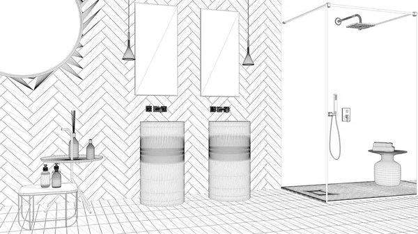 Proje Taslağı Modern Banyo Modern Seramik Fayansları Çift Lavabo Aynalar — Stok fotoğraf