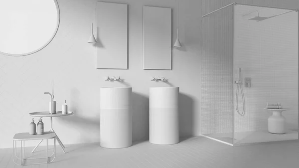 Progetto Total White Bagno Moderno Piastrelle Ceramica Contemporanea Doppio Lavabo — Foto Stock