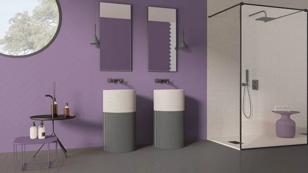 Современная Ванная Комната Фиолетовых Пастельных Тонах Современная Керамика Двойная Раковина — стоковое фото