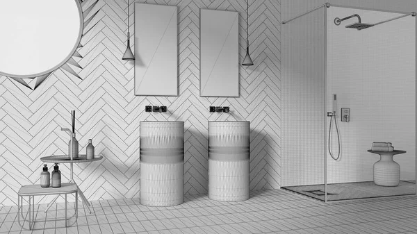 Proyecto Sin Terminar Proyecto Cuarto Baño Moderno Azulejos Cerámica Contemporánea —  Fotos de Stock