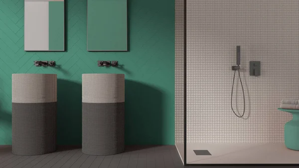 Bagno Contemporaneo Toni Turchese Pastello Piastrelle Ceramica Moderna Doppio Lavabo — Foto Stock