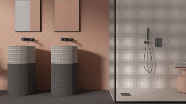 パステルトーンの現代的なバスルーム モダンなセラミックタイル 鏡付きのダブル洗面台 モザイクとガラス付きのシャワー タオル付きのテーブル ミニマリストのインテリアデザインコンセプトアイデア — ストック写真