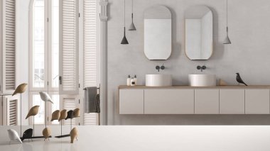 Beyaz masa üstü ya da rafta minimalist kuş süsü, kuş süsü - klasik dairede tuvalet, ayna, pencere, modern iç tasarım