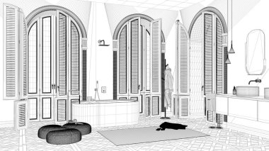 Taslak proje taslağı, klasik dairede kemerli pencereli minimalist banyo. Serbest banyo küveti, lavabolar, aynalar, halı, havlularla dolu raflar. Modern iç tasarım