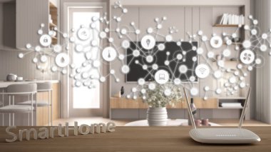 Wi-Fi kablosuz yönlendirici ahşap masa, akıllı ev, geometrik arkaplan bağlı çizgiler ve noktalar şeylerin internetini gösteriyor, ev otomasyonu konsepti rahat oturma odası üzerinde