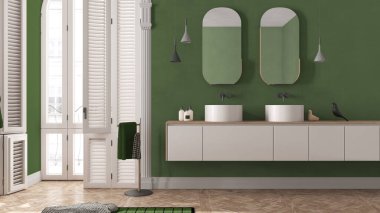 Minimalist banyo, yeşil tonlarda klasik dairede kemerli camlı. Çağdaş dolapta lavabo, ayna, dekorasyon, halı ve havlu var. Modern iç tasarım