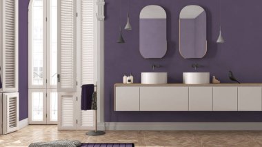 Minimalist banyo mor tonlarda klasik dairede kemerli camlı. Çağdaş dolapta lavabo, ayna, dekorasyon, halı ve havlu var. Modern iç tasarım