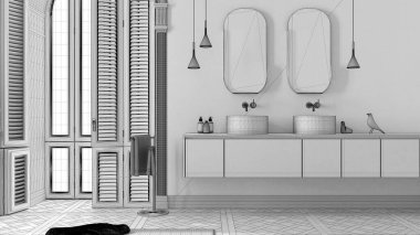Tamamlanmamış proje taslağı, klasik dairede kemerli pencereli minimalist banyo. Lavabolu, aynalı, dekorlu, halılı, havlulu raflı modern dolap. İç tasarım
