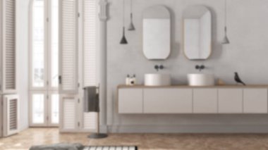 Arka plan bulanık, klasik dairede kemerli pencereli minimalist banyo. Lavabolu, aynalı, dekorlu, halılı, havlulu raflı modern dolap. İç tasarım fikri