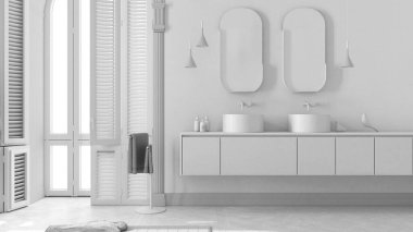 Tamamen beyaz proje taslağı, klasik dairede kemerli pencereli minimalist banyo. Lavabolu, aynalı, dekorlu, halılı, havlulu raflı modern dolap. İç tasarım