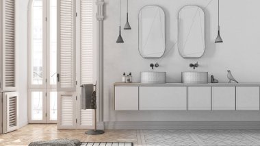 Mimar iç mimar konsepti: el yapımı taslak tamamlanmamış proje gerçek oluyor, klasik apartmanda banyo. Lavabolu, aynalı, halılı, havlulu dolaplar.