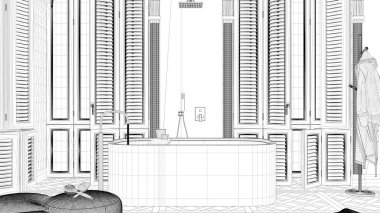 Proje taslağı, klasik dairede modern banyo, panjurlu pencere, parke. Serbest küvet, puf, aksesuar, bornozlu raf. Minimalist iç tasarım