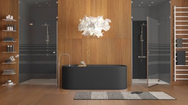 Minimalist ahşap banyo, gri tonlarda, spa tarzı, serbest banyo küveti, mozaik fayanslarla duş, havlu ve aksesuarlı raflar. Halı ve lamba. İç tasarım