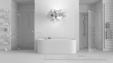 Tamamen beyaz proje taslağı, minimalist ahşap banyo, spa tarzı, küvet, mozaik fayanslarla duş, havlu ve aksesuarlı raflar. Halı ve lamba. İç tasarım