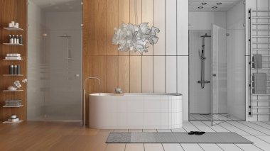 Mimari iç mimar konsepti: elle çizilmiş, tamamlanmamış, gerçek, ahşap banyo, spa tarzı, küvet, duş, havlu ve aksesuarlar haline gelen taslak proje. Halı ve lamba.