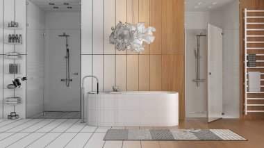 Mimari iç mimar konsepti: elle çizilmiş, tamamlanmamış, gerçek, ahşap banyo, spa tarzı, küvet, duş, havlu ve aksesuarlar haline gelen taslak proje. Halı ve lamba.