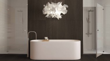 Modern ahşap banyo koyu tonlarda, spa tarzı, aksesuarlı serbest küvet, mozaik fayanslı duş, cam kapılar, beyaz lamba. Minimalist iç tasarım fikri