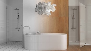 Mimari iç mimar konsepti: elle çizilmiş tamamlanmamış taslak proje gerçek, ahşap banyo, spa tarzı, aksesuarlı serbest banyo, fayanslı duş