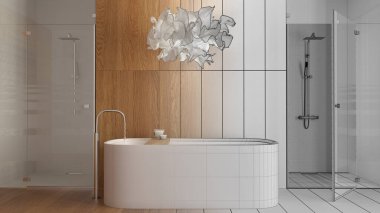 Mimari iç mimar konsepti: elle çizilmiş tamamlanmamış taslak proje gerçek, ahşap banyo, spa tarzı, aksesuarlı serbest banyo, fayanslı duş